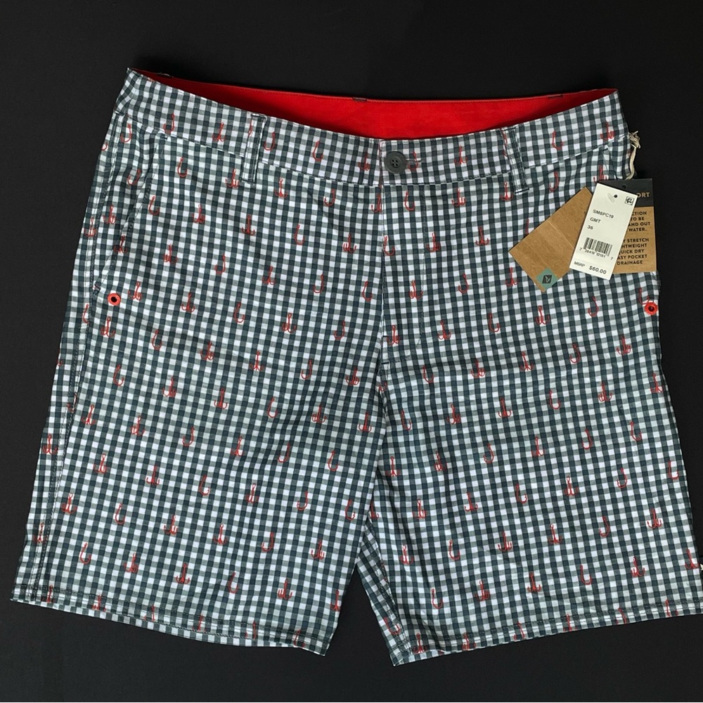 Sperry Men’s Hybrid Shorts | Gingham Fishing Hook Print | Size 36 | NWT